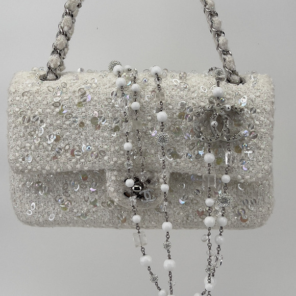 Chanel rain drop white tweed sequin double flap - Picture 10 of 12